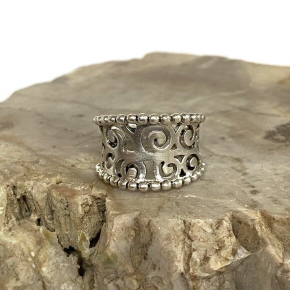 Sterling Silver 925 Curved Pierced Scrollwork 0.5" Wide Band Ring Size 6.5 - Picture 12 of 16